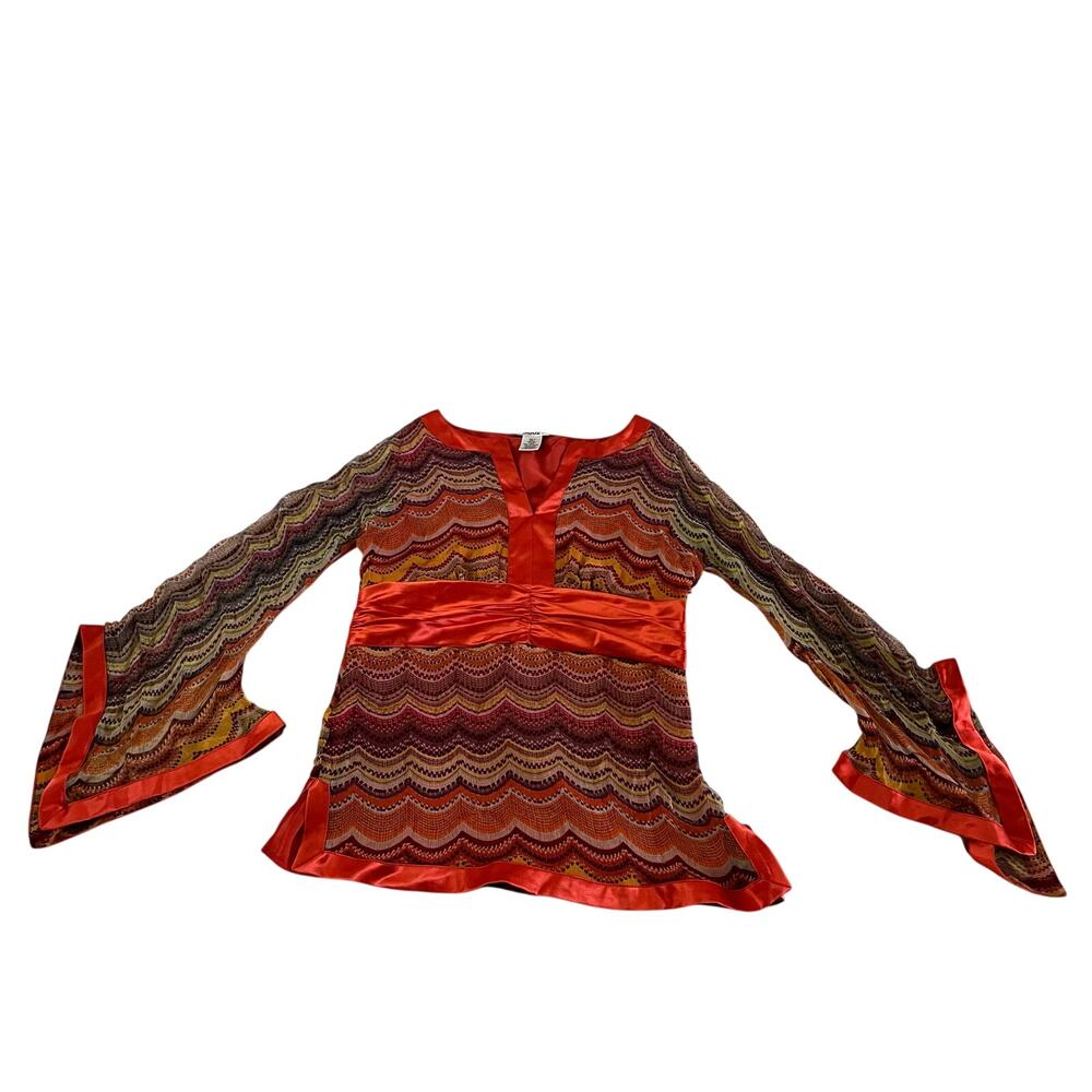 Vtg Y2K 2000s Baby Doll 100% Silk Flowy Sleeve Blouse Sz S Boho Artsy Hippie